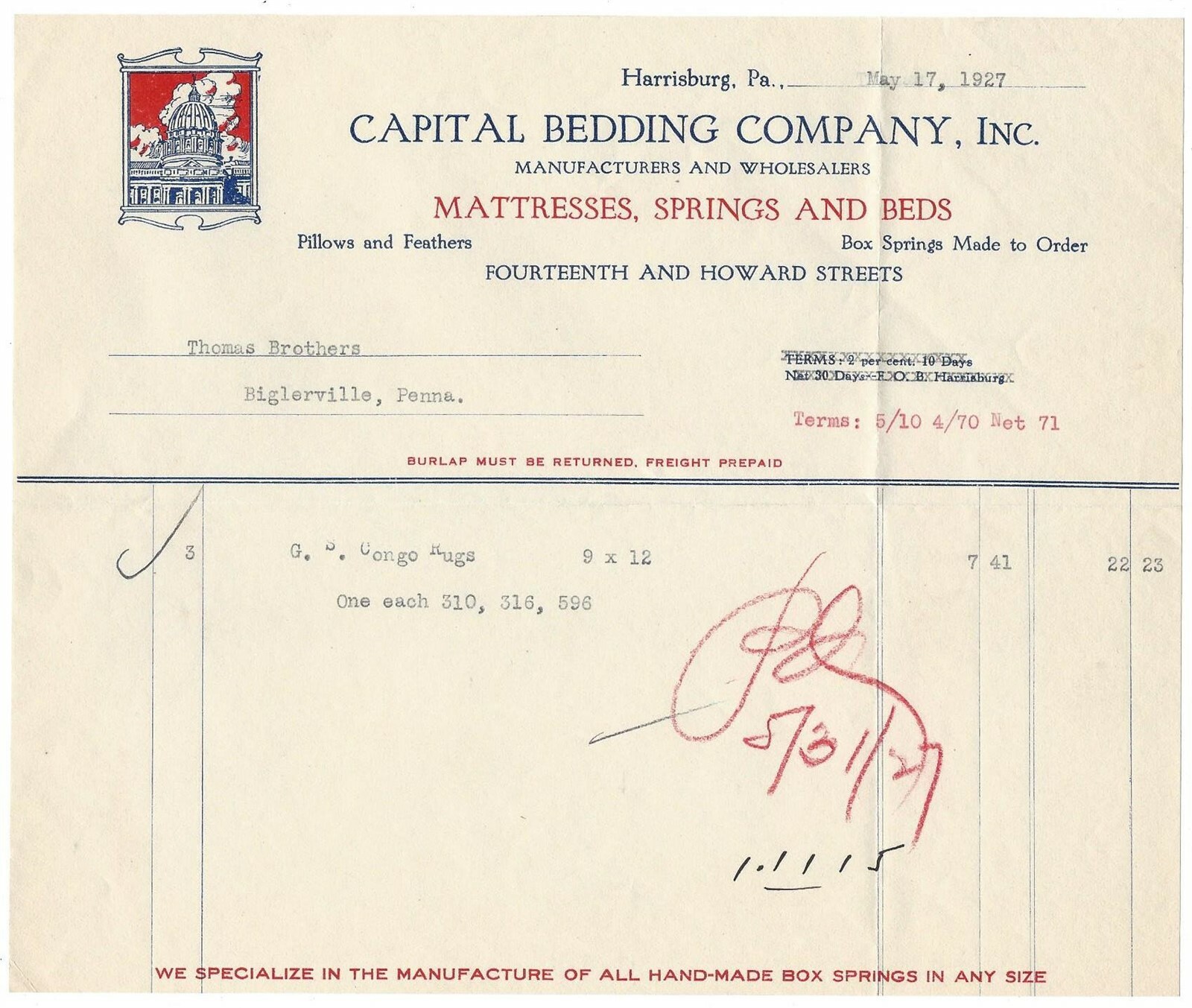 1927 Capital Bedding & Mattress Co. Billhead Harrisburg, PA BB eBay