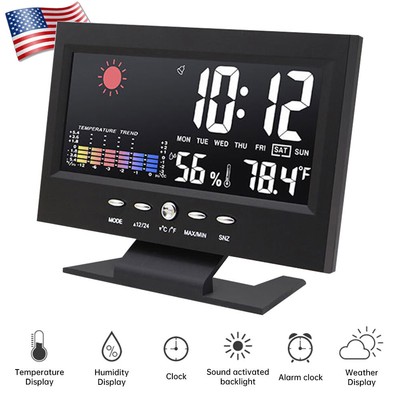 Desk LED Digital Alarm Clock Weather Thermometer Temperature Humidity Monitor US
