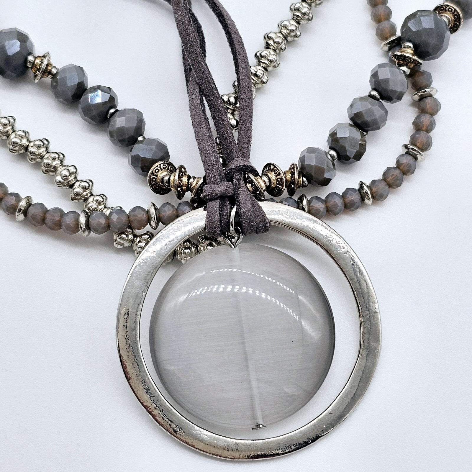 Floating Moon Statement Necklace Gray Leather Fac… - image 3