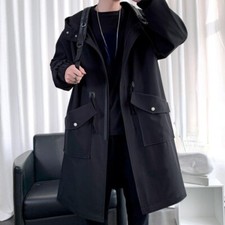 Herren Midi Trenchcoat Kapuze Winddicht Polyester Vollzip Arbeits Freizeit