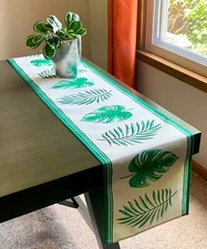 72" Table Runner Green Beige Tropical Plant Leaves Monstera Leaf Palm Frond New