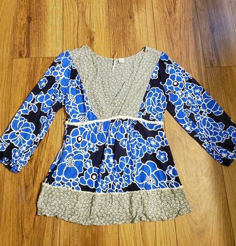 Anthropologie Ric Rac Blue Floral Eyelet Lace 3/4 Sleeve Top Size Small ...
