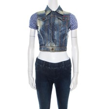Dsquared2 Indigo Distressed Faded Effect Contrast Sleeve Cropped Denim Vest S