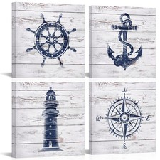 Nautical Canvas Wall Art Nautical Bathroom Decor Navy and White Lighthouse De...