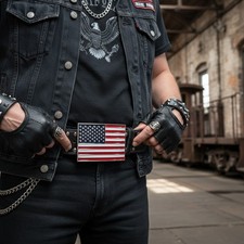 Men Women Belt Buckle Metal Silver United State America USA Flag Red Blue Unisex