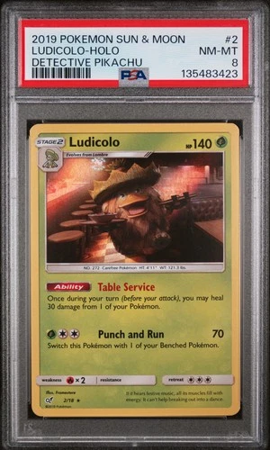 2019 POKEMON SUN & MOON DETECTIVE PIKACHU #2 LUDICOLO-HOLO PSA 8