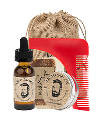 Lusso Sapone Beard Oil Kit Beard Balm Soap Shaping Comb Set Grooming Growth Care