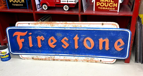 VINTAGE "FIRESTONE TIRES" LARGE METAL DEALER SIGN, (48"x 16") NICE SIGN