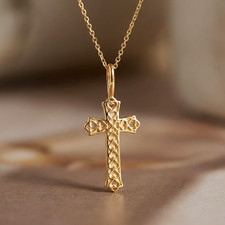 14K Real Solid Yellow Gold Gothic Cross Christian Pendant Charm Necklace 18 in