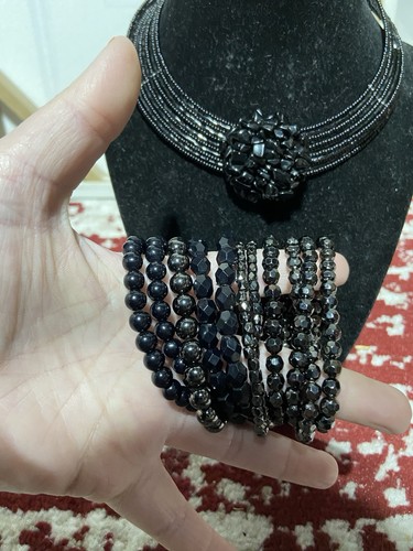 Black Bead Wire Choker With Center Bead Cluster And 11 Black Beaded Bracelets