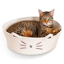 Catstages Bed  Basket Retreat 2-in-1 Cat Bed with Removable Cushion,White,15in