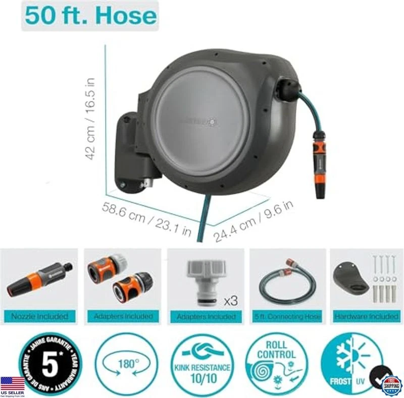 Carrete de manguera de jardín retráctil 50 pies x 1/2" montado en la pared, retracción automática, boquilla Foto 2 de 4