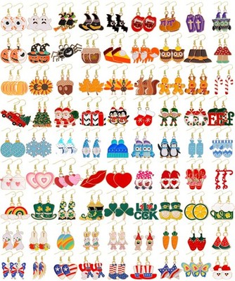 81 Pairs Holiday Earrings For Women Halloween Thanksgiving Christmas Xmas Ear...