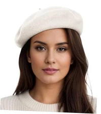  Women Beret Hat Wool Vintage French Solid Color Classic Winter Cap Creamy White