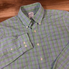 Brooks Brothers Button Down Shirt Mens M Slim Supima Cotton Green Blue Non Iron