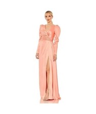 Mac Duggal Peach Satin Faux Wrap A-Line Gown Size 8 Long Sleeve V-Neck