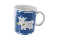 JSNY Calico Country Cow Mug Blue Background Vintage Taiwan 93719