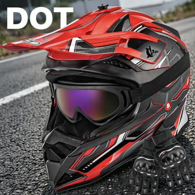 DOT Motorcycle Adult Helmet + Goggles Gloves Motocross MX ATV Dirt Bike Off Road