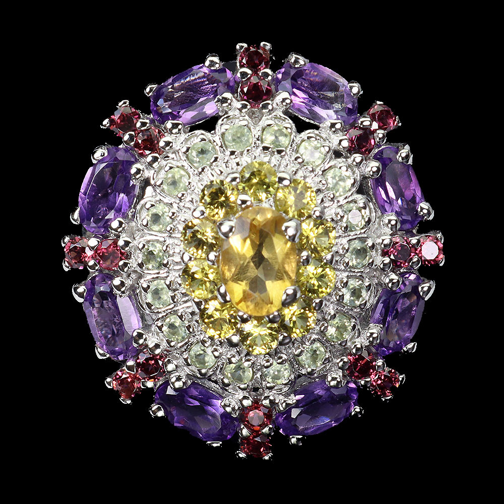 925 Sterling Silver Ring with Oval Citrine Amethyst Peridot Gemstone Size 7.5