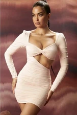 BNWT Oh Polly Softer Side Blush Pink Twist Cut Out Ruched Bodycon Mini Dress UK8