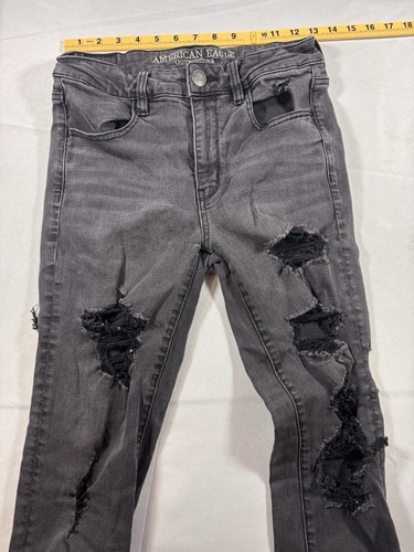 American Eagle Jeans Hi Rise Jegging Black Denim Size 6 Super Stretch Distressed - Picture 2 of 10