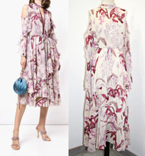 MARCHESA NOTTE Floral Cold Shoulder Ruffle Tea Length Dress in Ivory sz 10 $1222