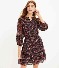 LOFT XS Dress Clip Tiered Floral Navy Blue Pink Lace Trim 3/4 Sleeve Retro