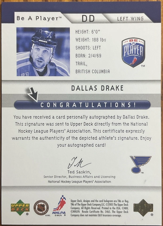 2005-06 Be A Player Signatures Dallas Drake #DD St. Louis Blues - Image 2 of 2