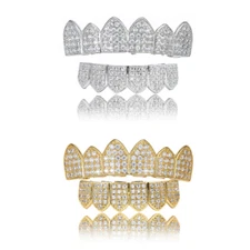 14K Gold Plated CZ Teeth Grillz Hip Hop Top Bottom Mouth Silver Grill Set Custom