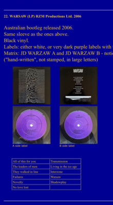 Warsaw, Joy Division, JD, Vinyl Record Album, Purple Label, RZM