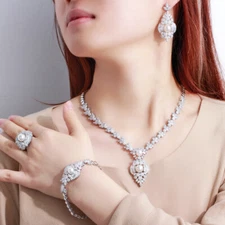 Luxury Silver Plated Cubic Zircon Leaf Pearl Wedding Jewelry Set for Women Bride