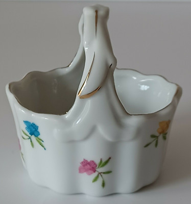 Vintage I.W. Rice Porcelain Basket Handle Pink Blue Yellow Flowers Gold Trim