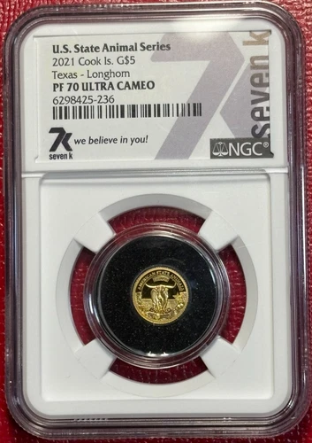 NGC PF 70 UC 2021 COOK ISLAND U.S. ANIMAL TEXAS LONGHORN .999 GOLD-MAR2