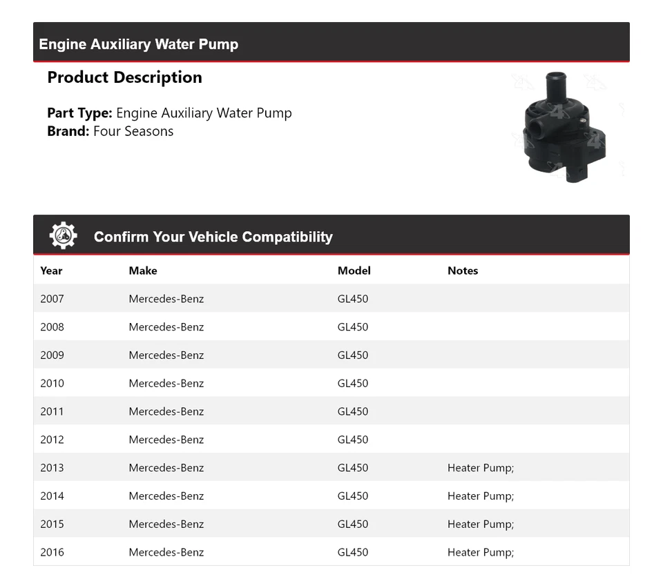For 2007-2016 Mercedes-Benz GL450 Engine Auxiliary Water Pump 4 Seasons 2008 - Image 2 of 4