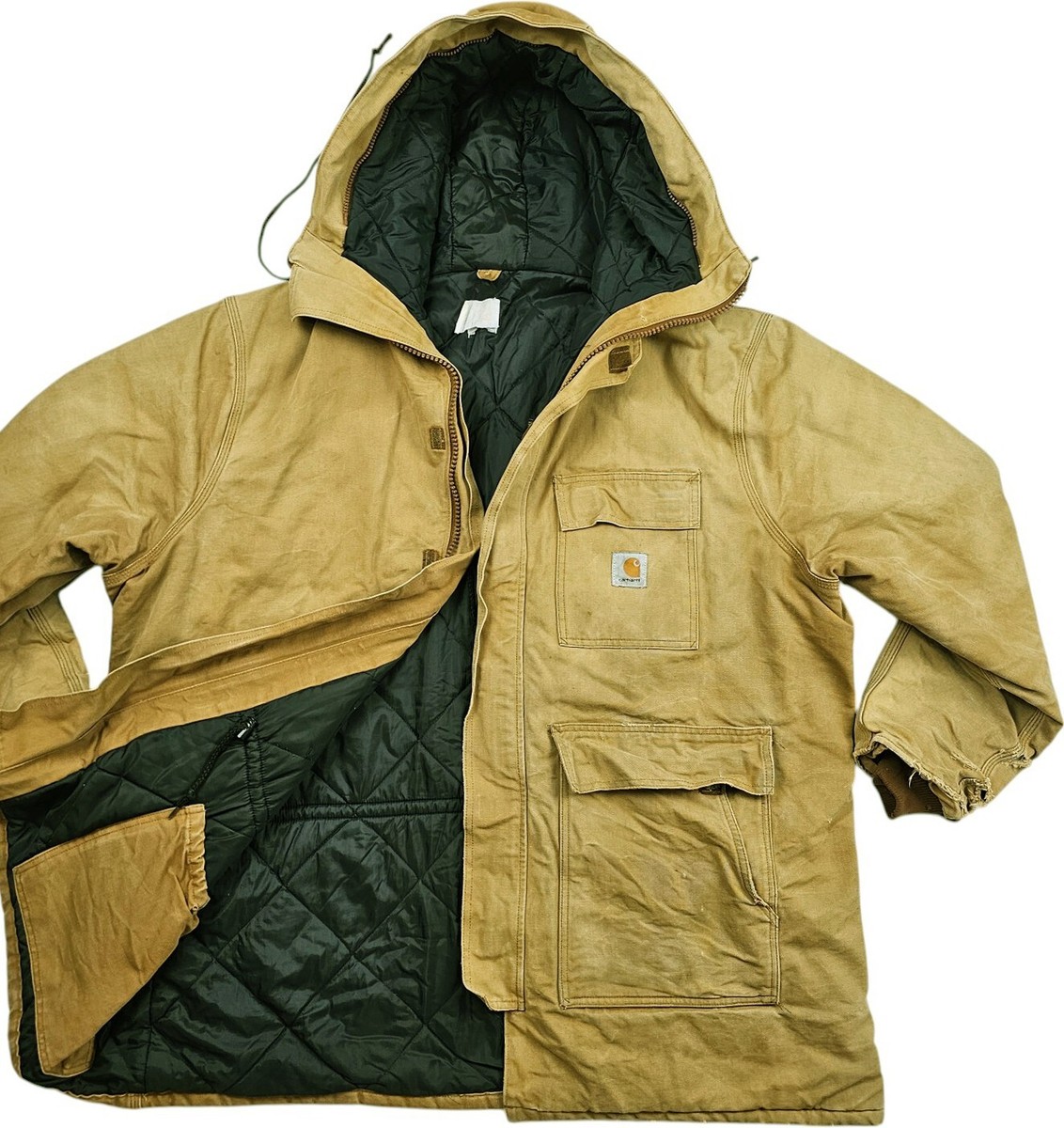 HOT VTG Men's CARHARTT PARKA WORKWEAR HOOD QUILT LINED KHAKI