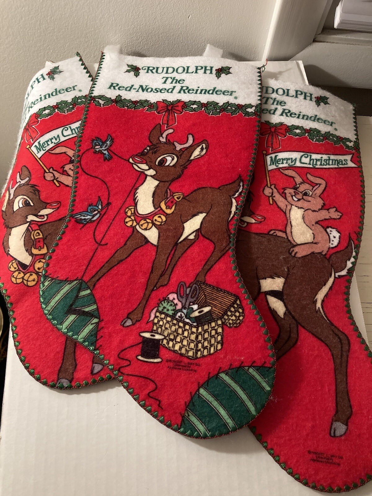 3 -Vintage Robert F May Rudolph The Red Nosed Reindeer Felt Christmas Stockings