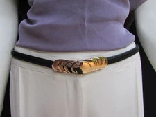 WOMEN HIGH WAIST HIP BLACK FASHION NARROW BAND BELT GOLD CIRCLES BUCKLE XS S M