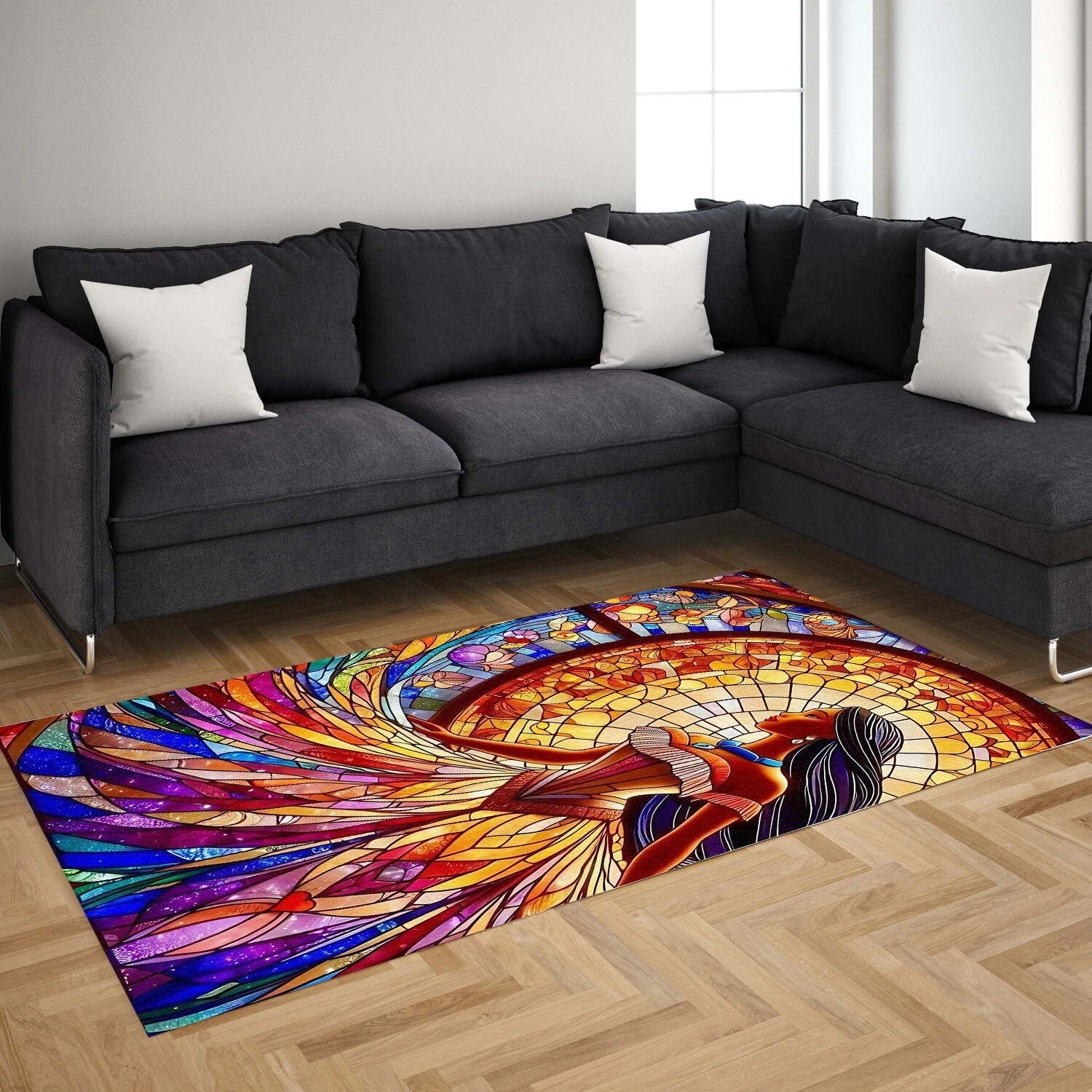 Vibrant Stained Glass Fantasy Area Rug   Colorful Psychedelic Living Room Decor