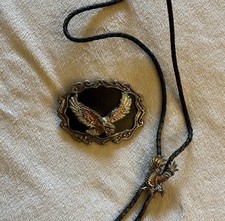 Vtg Pewter Enameled Eagle Belt Buckle Bolo Tie Leather Adjustable Western EUC