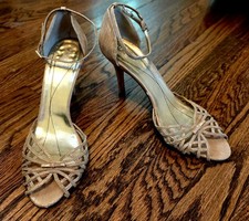 Kate Spade Rose Gold Peep Toe Basket Stilleto Heels Ankle Straps Size 9.5B
