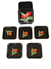 Vintage Toyo Japan Laquerware Set Of 5 In Box Red Flower Box Design 1960s