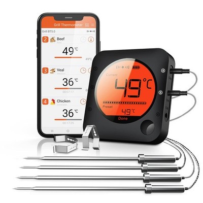 Grillthermometer Bluetooth 100m mit 4 Edelstahlsonden große LCD-Anzeige BBQ