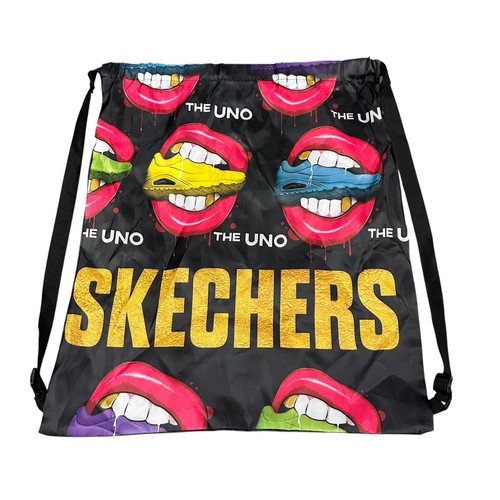 Skechers The Uno Collection Drawstring Backpack Gym Shoe Bag Black Graphic