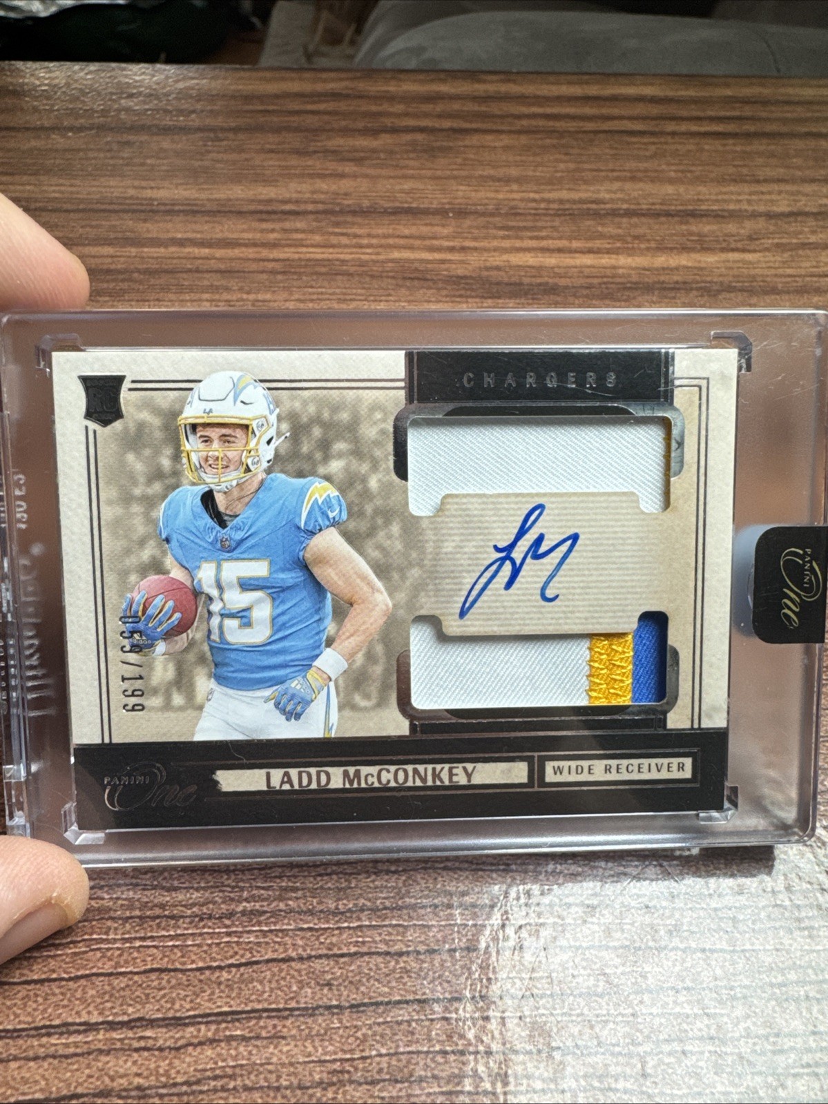 2024 Panini One - Rookie Dual Patch Autographs Ladd McConkey /199 (AU, MEM, RC)