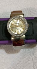Honey-Wmn's Bangle Cuff Silver Tone Watch Analog Quartz W/ Rhinestones-Vintage