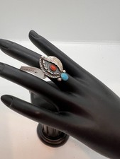 Turquoise  Coral in Silver Authentic Navajo Ring Size 5 NWT 4g 
