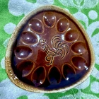 Vintage HULL Oven Proof BROWN DRIP Ceramic Pottery  Rooster Deviled Egg Plate