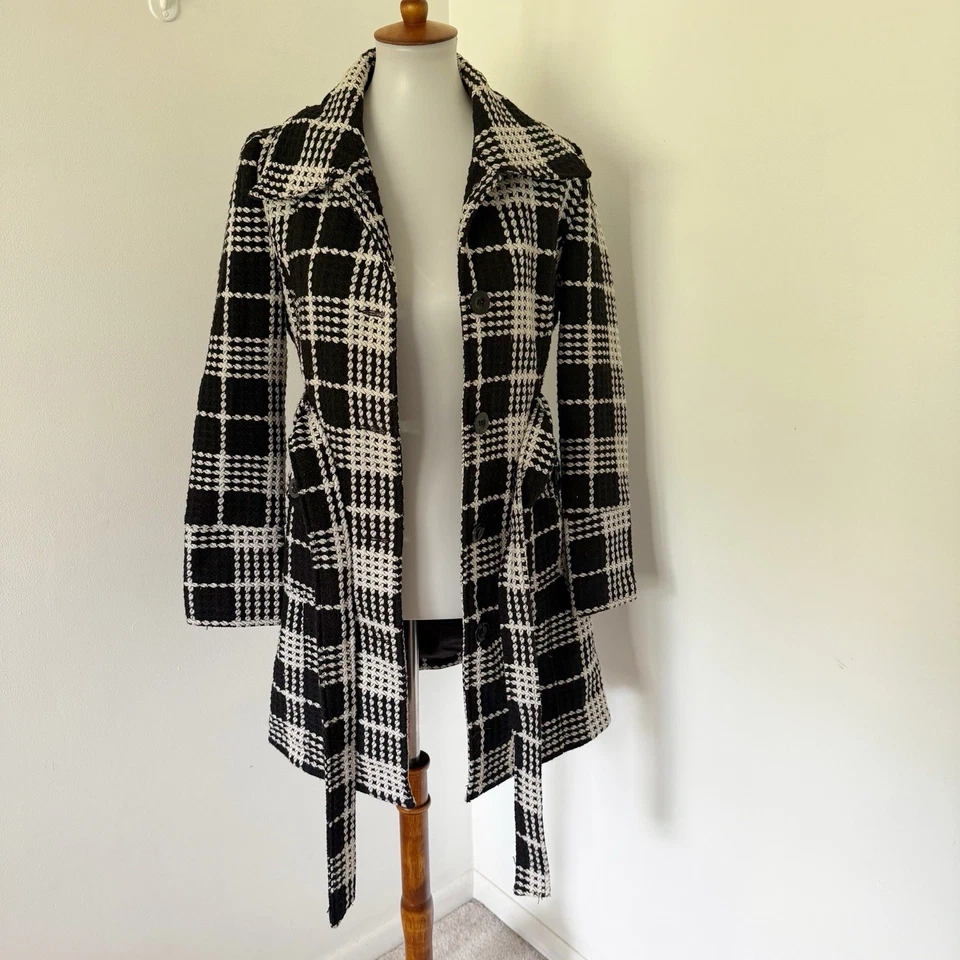 Chaquetón vintage Y2K negro blanco a cuadros tweed mezcla de lana con cinturón L grande Foto 2 de 4