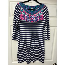 Lilly Pulitzer Dress Womens S Navy Stripe Pima Cotton 3/4 Sleeve Keyhole Casual