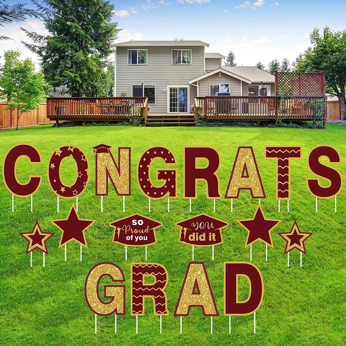 Graduation Yard Sign Lawn Decorations Congrats Grad Maroon Gold 16.5x11.4